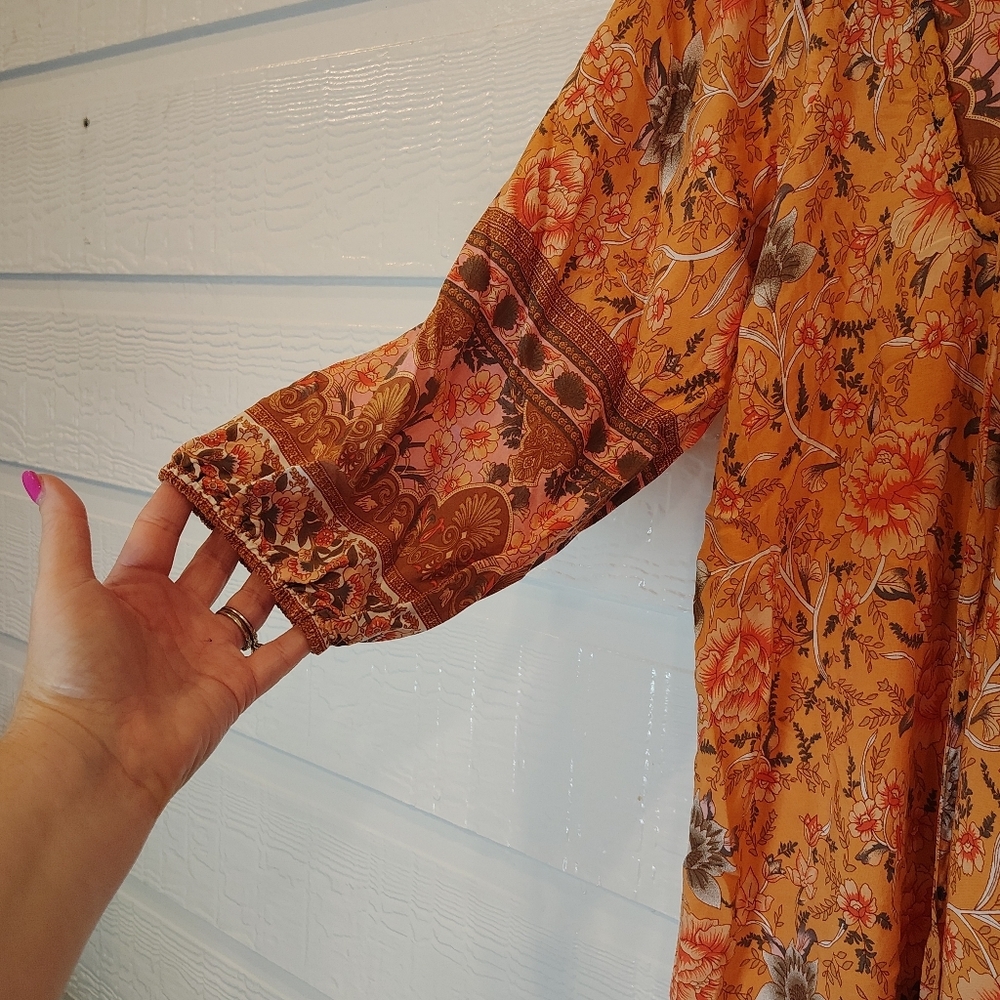 Bluetime Women Medium Casual Boho Gypsy Vacation Hippie Dress Orange Floral - Picture 3 of 7